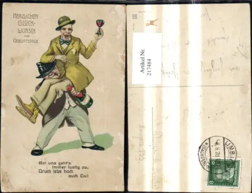 217484,Künstler Ak Glückwunsch Geburtstag Trunkenbolde Wein Glas Spruch Text Humor Scherz