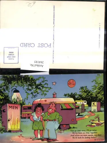 264185,Künstler Ak Paar b. Campingklo Mondgesicht Scherz Humor