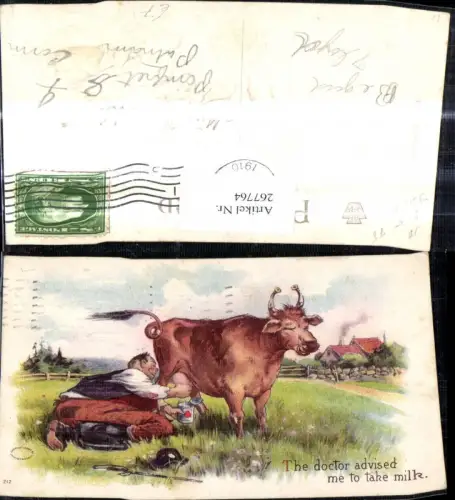 267764,Präge Künstler Ak Bauer melkt Kuh Milch i. Dose Spruch Scherz Humor
