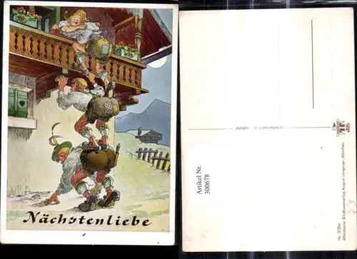 300678,Künstler Ak Männer Räuberleiter zur Frau Balkon Nächstenliebe Scherz pub A. Lengauer 3120a