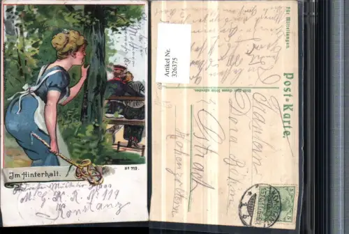 326375,Künstler Litho Im Hinterhalt Paar Frau m. Teppichschläger Scherz Humor