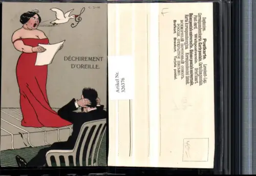 326376,Künstler AK Scherz Humor Frau singt Gans Notenschlüssel Mann hält die Ohren zu