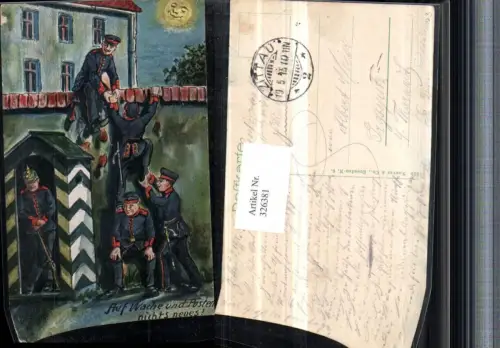 326381,Künstler AK Scherz Humor Wache Posten Soldaten Mauer klettern Mondgesicht