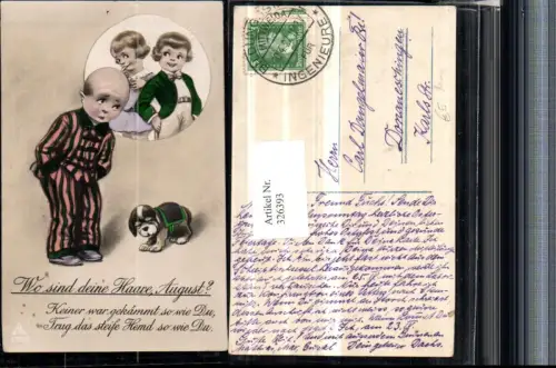 326393,Künstler AK Scherz Humor schadenfreudige Kinder trauriger Junge Glatze Hund Spruch