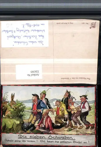 326395,Künstler AK Hans Boettcher Die sieben Schwaben Scherz Humor Männer Speer Hase