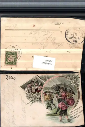 326402,Künstler Litho Scherz Humor Tracht Personen Schadenfreude Paar Huckepack Regen Schirm