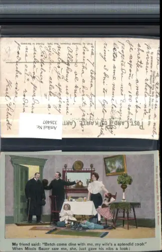 326407,Künstler AK Scherz Humor Familie Gast Junge m. Kanone Mädchen liest lesen Spruch