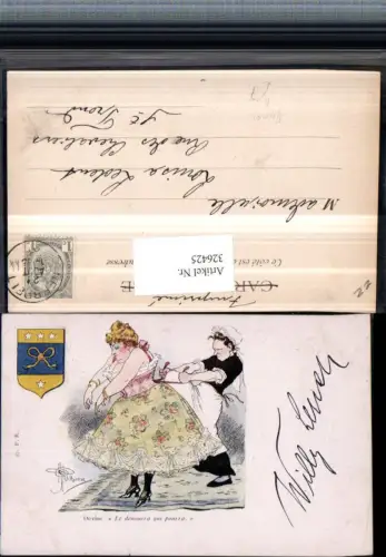 326425,Künstler AK A. Guillaume Scherz Humor Dienstmädchen schnürt Korsage einer Frau