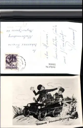 326436,Künstler AK Scherz Humor Rasante Dienstauffassung Soldaten Automobil
