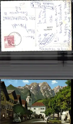 114398,Kuchl mit hohen Göll Kirche Straßenansicht Oldtimer Auto