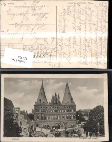 157328,Lübeck Holstentor v. Innen Ansicht m. Kutsche Strassenbahn Personen