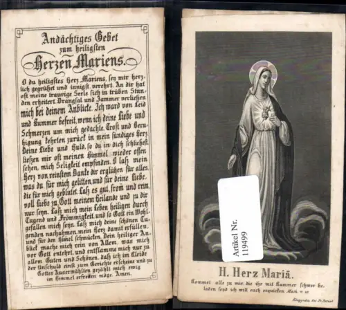 119499,18 Jhdt. Andachtsbild Heiligenbildchen 1850 H. Herz Maria Königgrätz