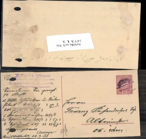 147313,Postkarte Geschäftskarte Alois Mayer Knittelfeld n. Altmünster