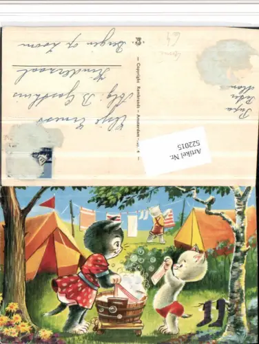 522015,Künstler AK Comic Katzen vermenschlicht Wäsche waschen