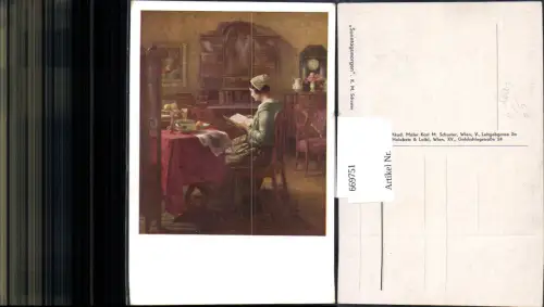 669751,Künstler Ak K. M. Schuster Sonntagsmorgen Frau Lesen Zeitung Interieur