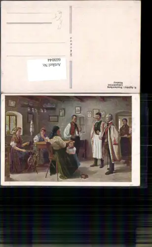 669844,Künstler Ak G. Agghazy Brautwerbung Lanykeröben Namluvy Tracht Spinnrad