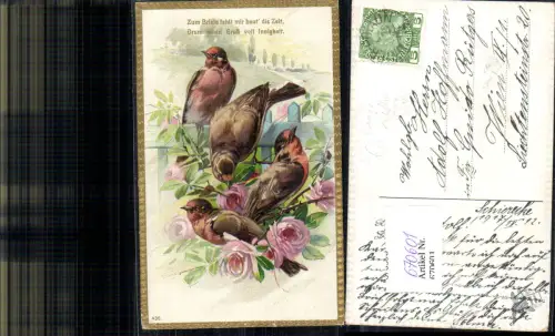 670601,Präge Litho Rosa Rose Vögel Spruch Gruß voll Innigkeit