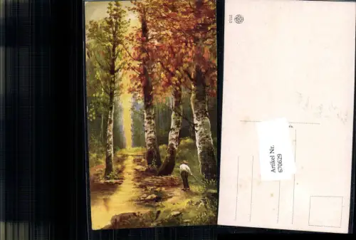 670629,Künstler Ak Wald Bäume Birke Landschaft Mann b. Holz Reißig sammeln Landwirtschaft