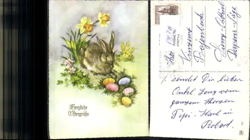 670714,Künstler Ak Hase mit Blumen Narzissen Bunte Eier Osterhase Ostern Bahnpost