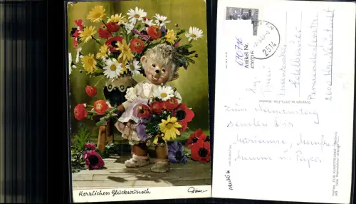 670716,Mecki Igel mit Vase Blumen Blumenstrauß Tiere vermenschlicht