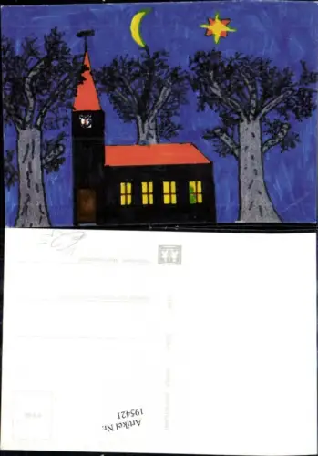195421,SOS Kinderdorf W 5euro89 Zeichnung Kirche b. Nacht Baum Sterne Mond