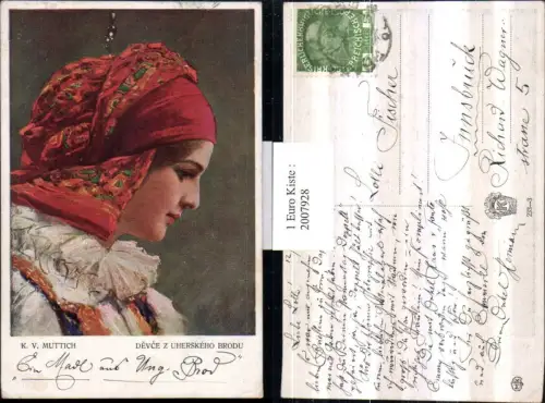 ,Künstler AK K. v. Muttich Devce z uherskeho brodu Frau m. Kopftuch Portrait