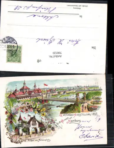700320 Lithographie Hamburg Gartenbau Ausstellung 1897 Thor am Holstenplatz