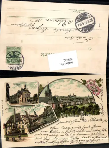 Lithographie Gruss aus Erfurt Anger Rathaus Brunnen pub Ottmar Zieher Stp. Rheine
