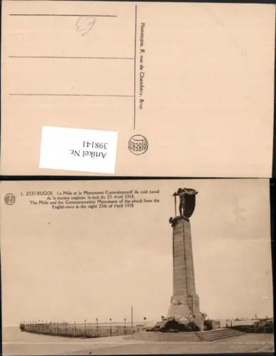 398141,Belgium Zeebrugge Seebrügge Le Mole et le Monument Commemoratif 1918