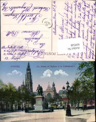 609528,Anvers Antwerpen Flandern La statue Rubens Cathedrale Feldpost 11. bayerische Inf. Div.