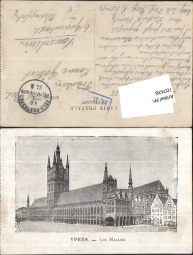 707426 Ypres Ypern Les halles Feldpost gel Sausenheim b. Grünstadt