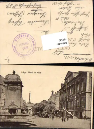 714340 Liege Lüttich Hotel de Ville Feldpost Landsturm Inf. Bat. Mannheim