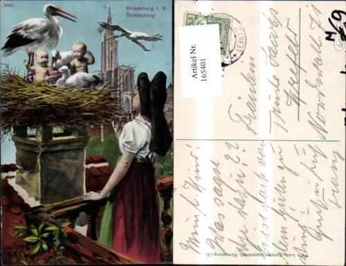 165401,Strasbourg Strassburg i. Elsass Fotomontage Kinder i. Storchennest m. Frau Kirche Storch