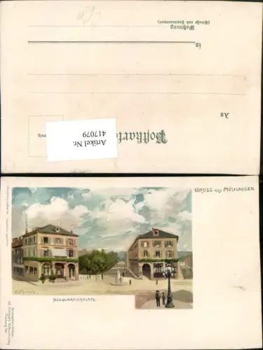 417079,Künstler Litho C. Münch Elsass Haut-Rhin Gruß aus Mülhausen Neuquartierplatz