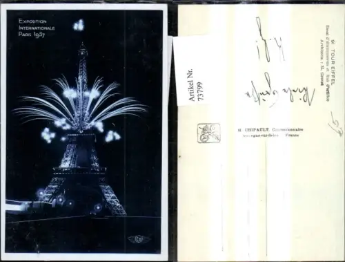 73799,Paris Exposition Internationale 1937 Eiffelturm Feuerwerk b. Nacht
