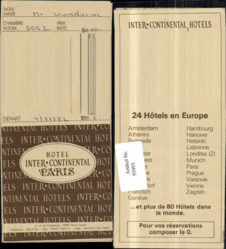 95993,Paris Hotel Intercontinental Zimmerkarte