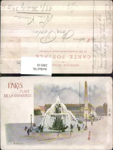 240118,Künstler Litho AK R. Hanche Paris Place de la Concorde Brunnen