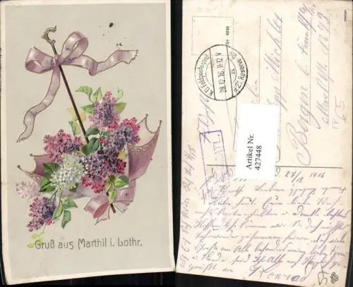 427448,Lothringen Moselle Gruß aus Marthil Blumen Schirm Feldpost 21. Reserve Division