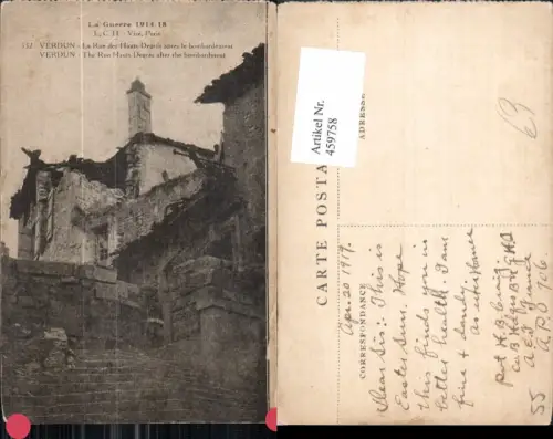 459758,Lothringen Meuse Verdun bombarded La Rue des Hauts-Degres Zerstörte Häuser