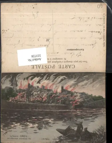 333728,Künstler AK F. Chamouin Picardie Oise Creil La Guerre Les Allemands incendiant l'Ile Feuer