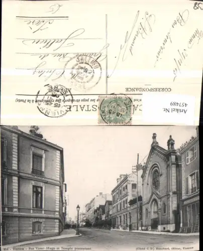 457489,Rhone-Alpes Isere Vienne Rue Victor Hugo et Temple protestant Straßenansicht