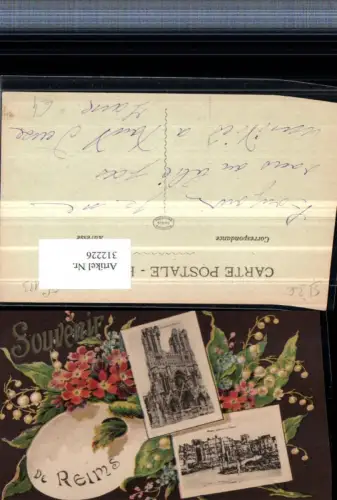 312226,Souvenir de Reims Cathedrale Place d'Erlon Kirche Mehrbildkarte Passepartout Blumen