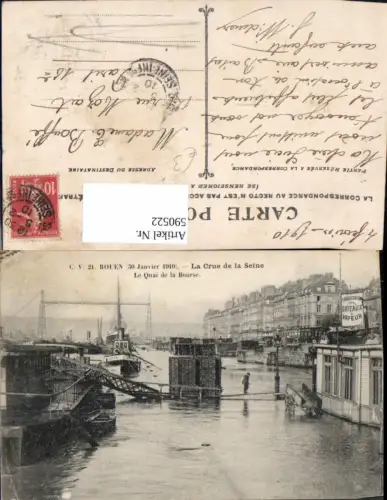 590522,Rouen La Crue de la Seine Le Quai de la Bourse Überwemmung Dampfer Schiff France