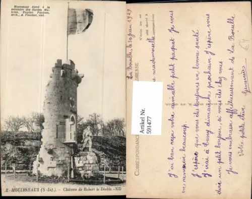 591477,Moulineaux Chateau de Robert le Diable Ruine Turm Statue Denkmal France