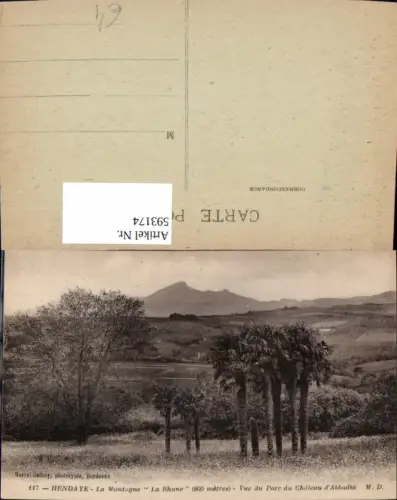 593174,Hendaye La Montagne La Rhune Vue du Parc du Chateau d Abbadia Palmen Bäume France