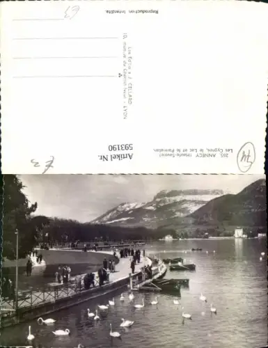 593190,Foto Ak Annecy Lac d Annecy Les Cygnes le Lac et le Parmelan Schwäne Boote France