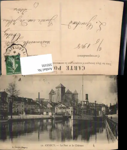 593191,Annecy Le Port et la Chateau Schloss Schiff Dampfer France