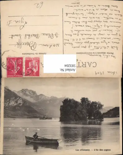 593204,Annecy Lac d Annecy L lle des cygnes Ruderboot Boot Schwan Schiff Dampfer France