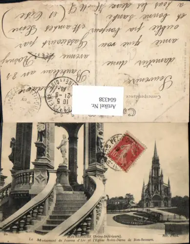604338,Bon-Secours Seine-Inferieure Le Monument de Jeanne d Arc et l Eglise Notre-Dame de Bon-Secours France