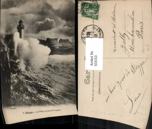 633153,Dieppe Le Phare un jour de Tempete Leuchtturm Brandung France